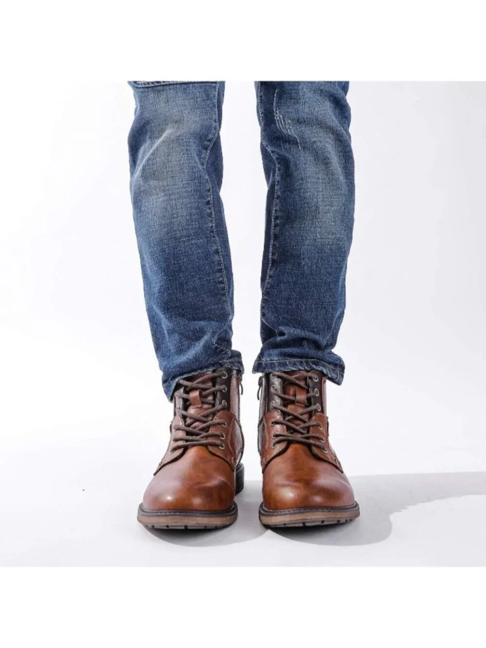 Men's Brown Faux Leather Mid Top Lace-Up Side Zipper Casual Oxford Dress Boots